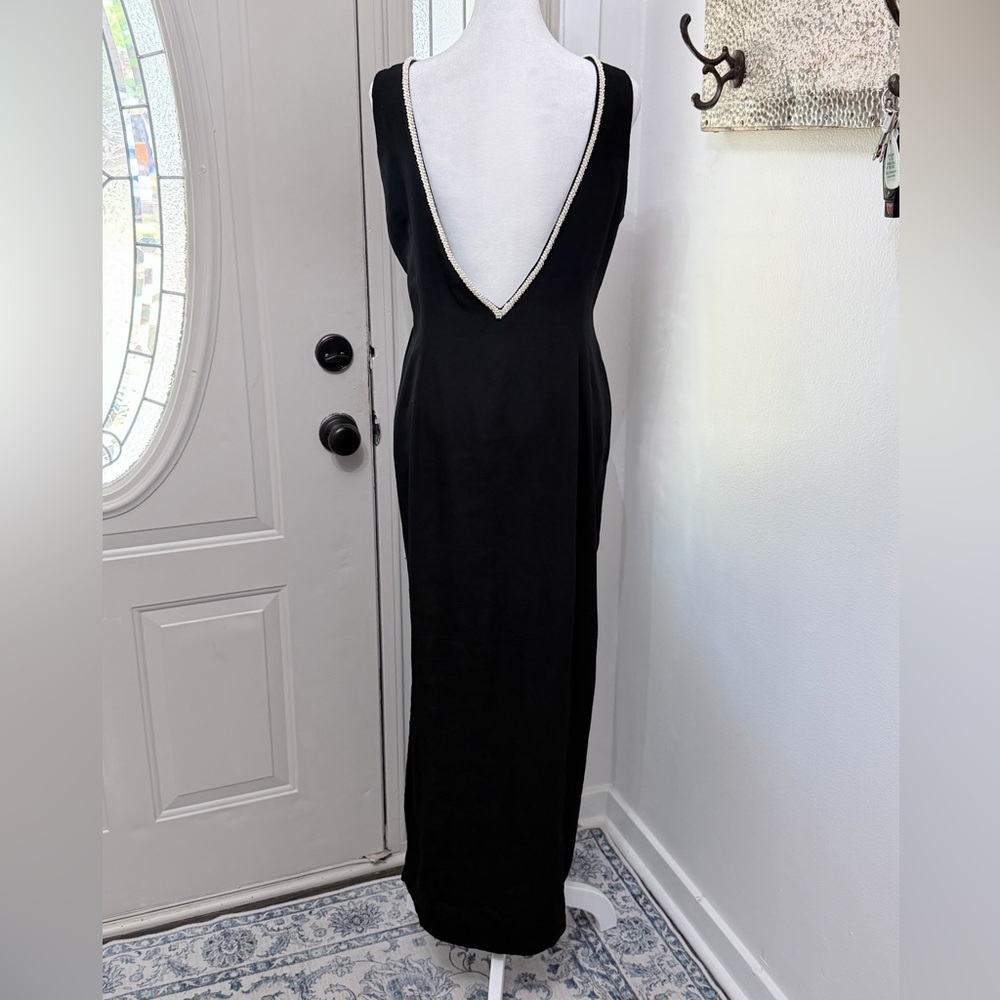 Handmade Black Long Dress Pearl Trim Open Back Elegant Evening Gown - Picture 8 of 10